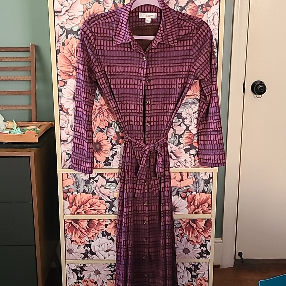 Purple patterned button up dress with waist tie